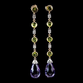 84. A PAIR OF PENDANT EARRINGS, peridotes, brilliants and briolette cut amethysts.