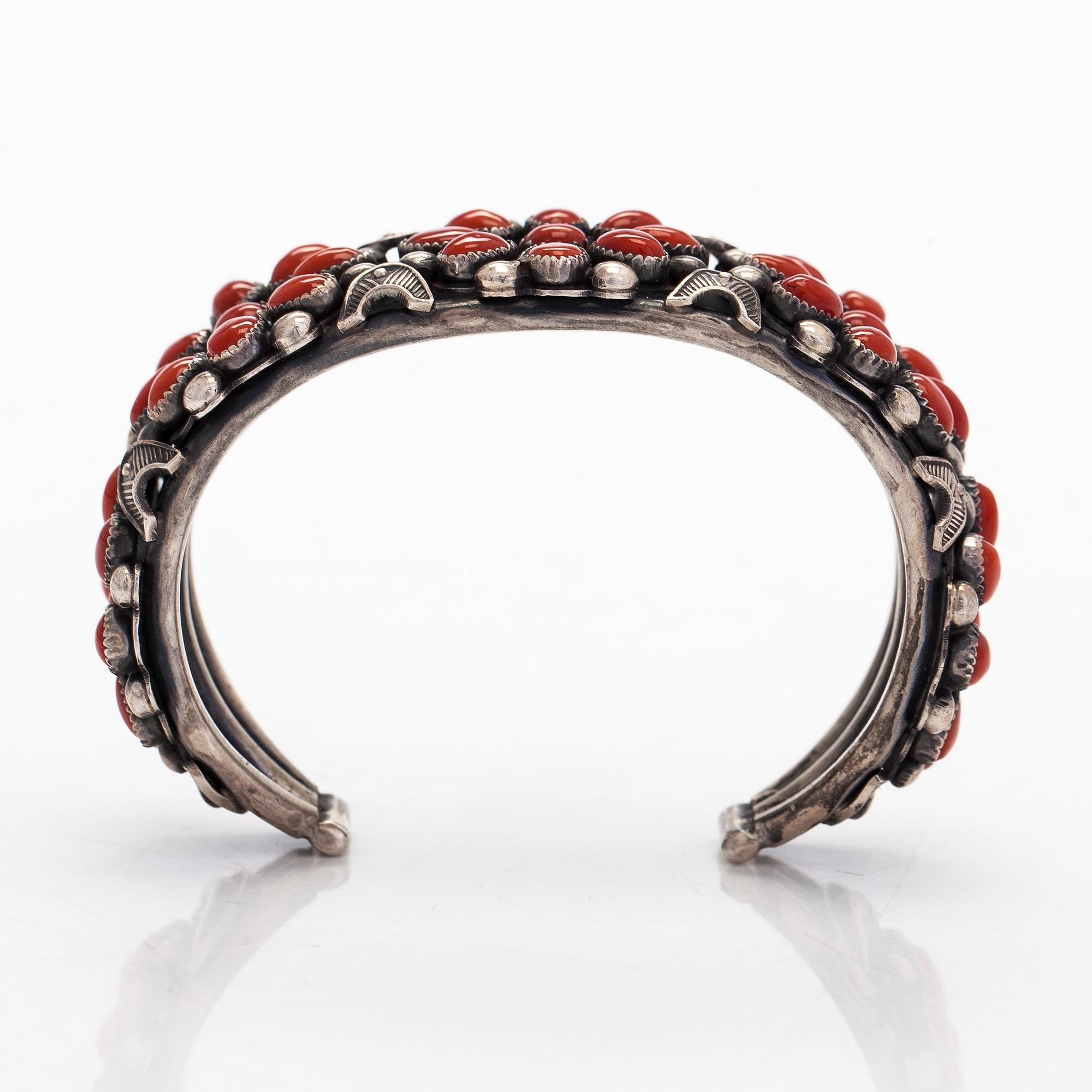 Paul Begay, cuff bracelet, cabochon cut corals, silver.