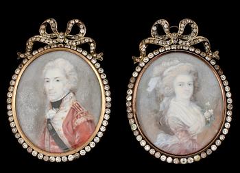 MINIATYRPORTRÄTT, ett par, gustaviansk stil, 1800-talets slut.