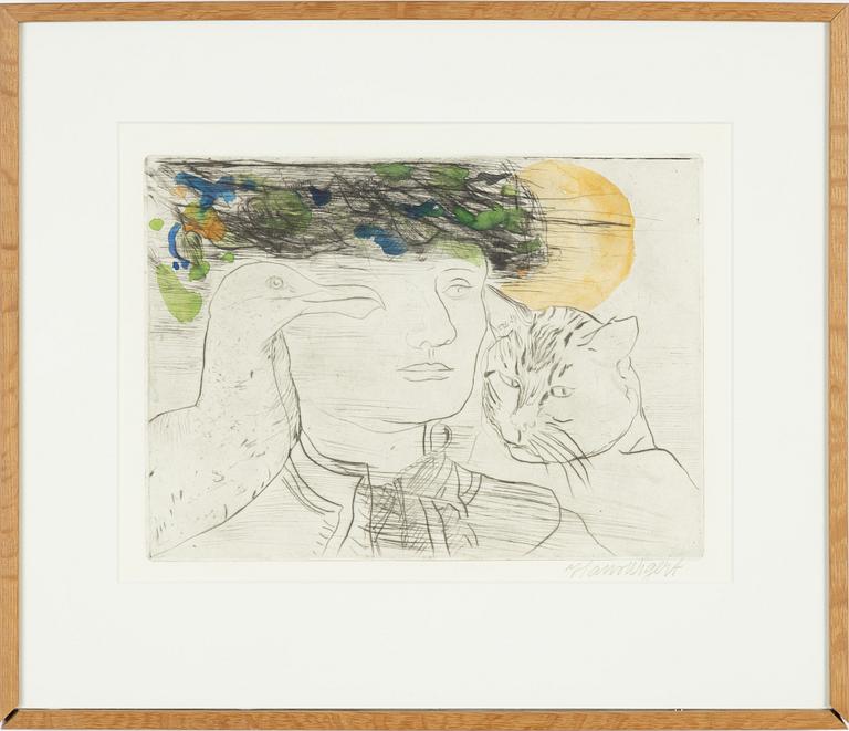 Hans Wigert, handcoloured etching, signed.