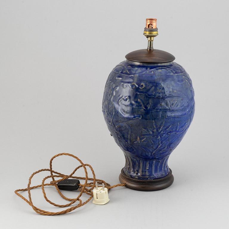 A persian blue glazed jar mounted as a lamp, 19th Century.