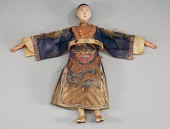 A pair of chinese bisque dolls with silk clothing, Qing dynasty.
