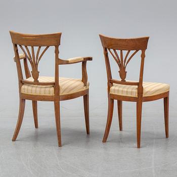A set of four French Directoire chairs and four Directoire-style chairs, circa 1800 and circa 1900 respectively.