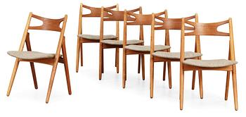 58. A set of six Hans J Wegner oak chairs by Carl Hansen & Son, Denmark 1950's-60's.