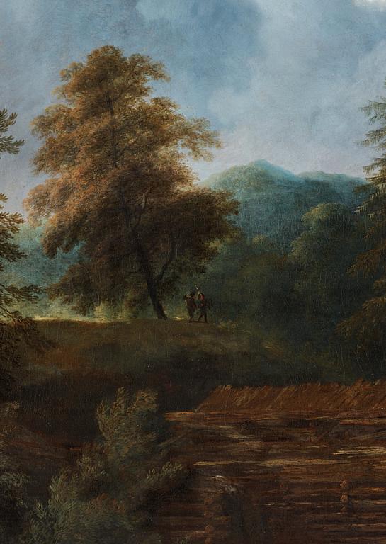 Allaert van Everdingen Attributed to, Landscape with figures beside a waterfall.