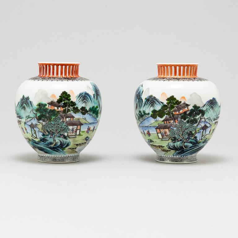 A pair of Chinese famille rose vases, 20th century.