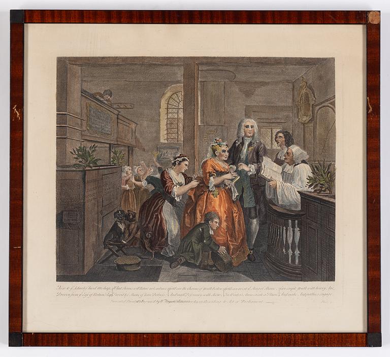 William Hogarth, efter, åtta stycken kolorerade etsningar och gravyrer.