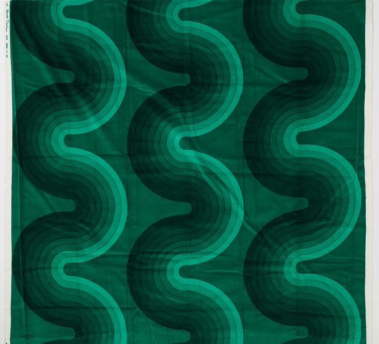 Verner Panton, CURTAINS, 3 PIECES, AND SAMPLERS, 10 PIECES.  Cotton velor. A variety of green nuances and patterns. Verner Panton.