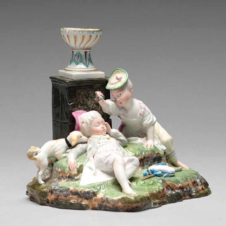 A Höchst figure group with a sleeping boy, 1770s.
