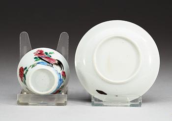 A famille rose 'rooster' cup with saucer, Qing dynasty, Yongzheng (1723-35).