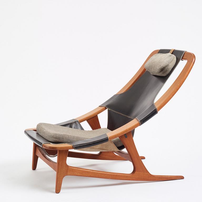 Arne Tideman Ruud, a teak and black leather lounge chair 'Holmenkollen'/'3030', A/S Inventar, Gjövik, Norway 1960s.