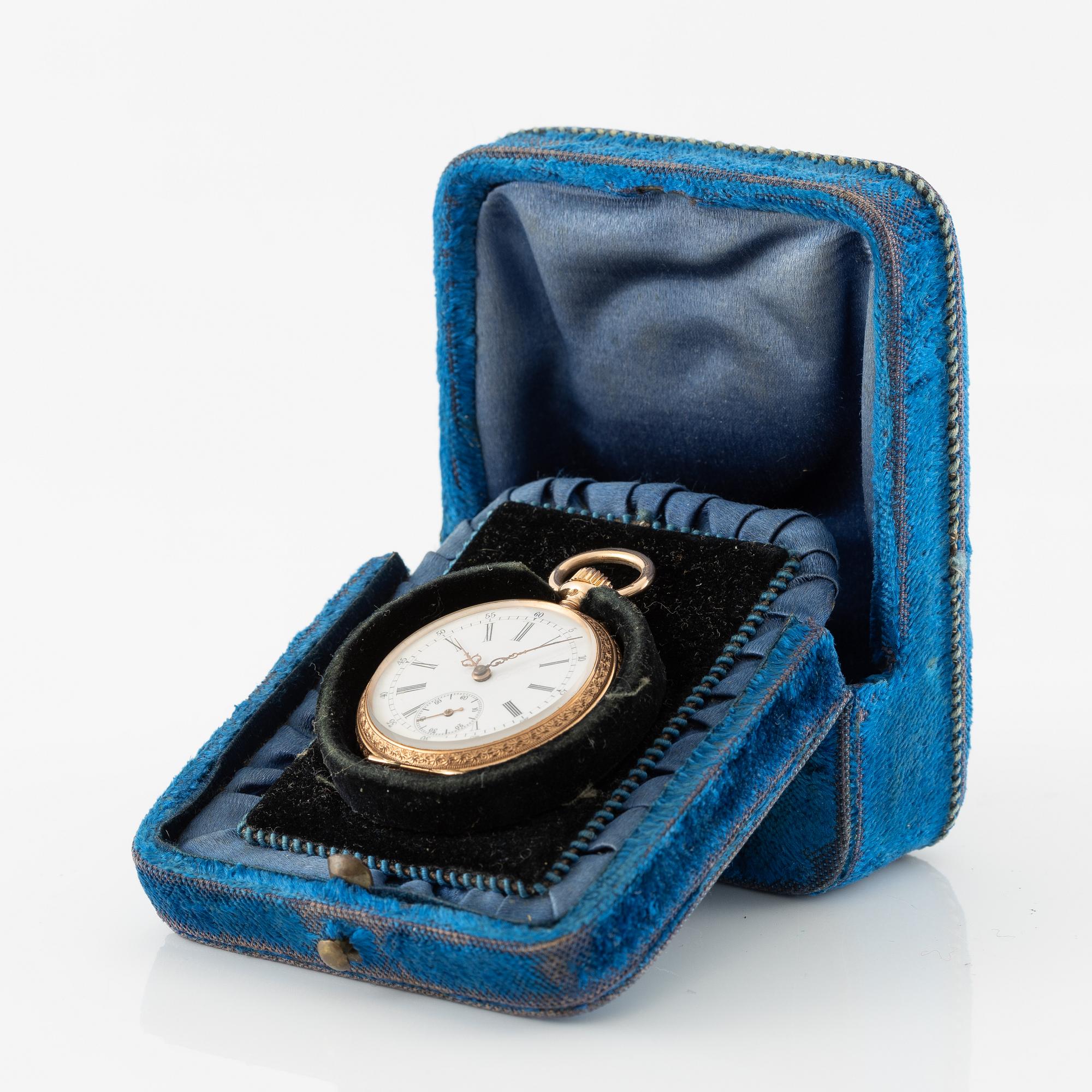 Fickur, 14K guld med etui, 36 mm.