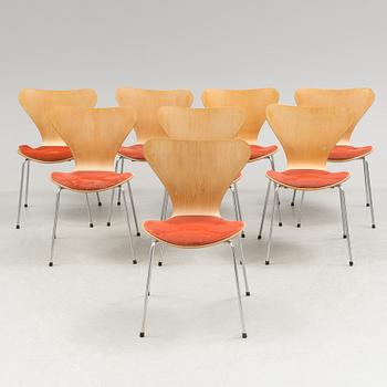 ARNE JACOBSEN, stolar, 8 st, "Sjuan", Fritz Hansen, Danmark, 1981.