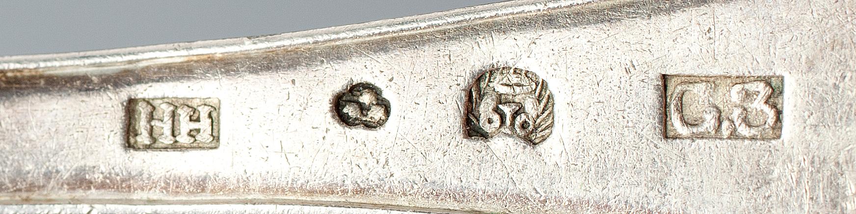 SOCKERSTRÖARE, 6 st, silver, bl a Johannes Gadd, Umeå. 1800/1900-tal. 278g.