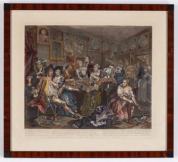William Hogarth, efter, åtta stycken kolorerade etsningar och gravyrer.