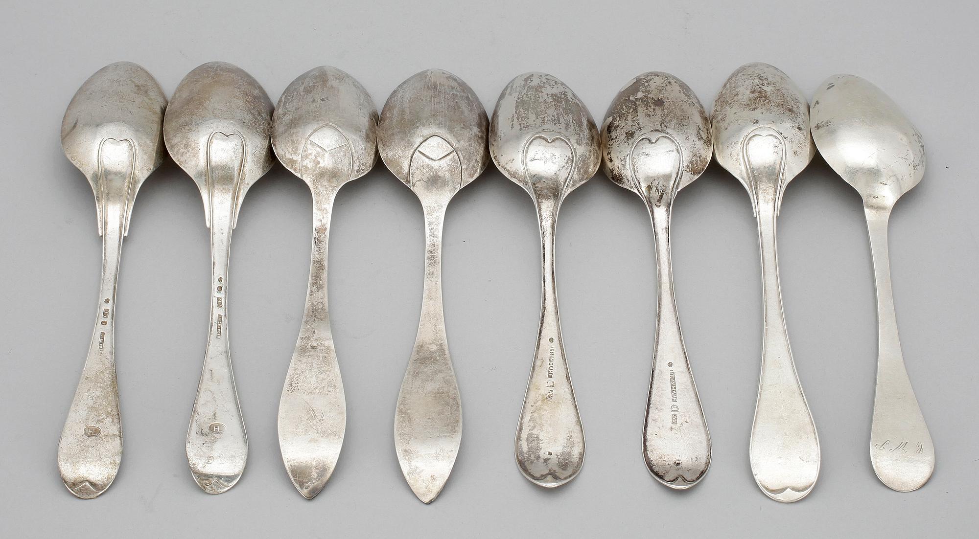 MATSKEDAR, 8 st, silver, Falun, Helsingborg, Ängelholm, Lund, Landskrona, 1807-1865. Tot vikt ca 410 gram.