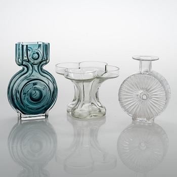 HELENA TYNELL, A glass bottle and two glass vases, Riihimäen Lasi 1960s-70s.