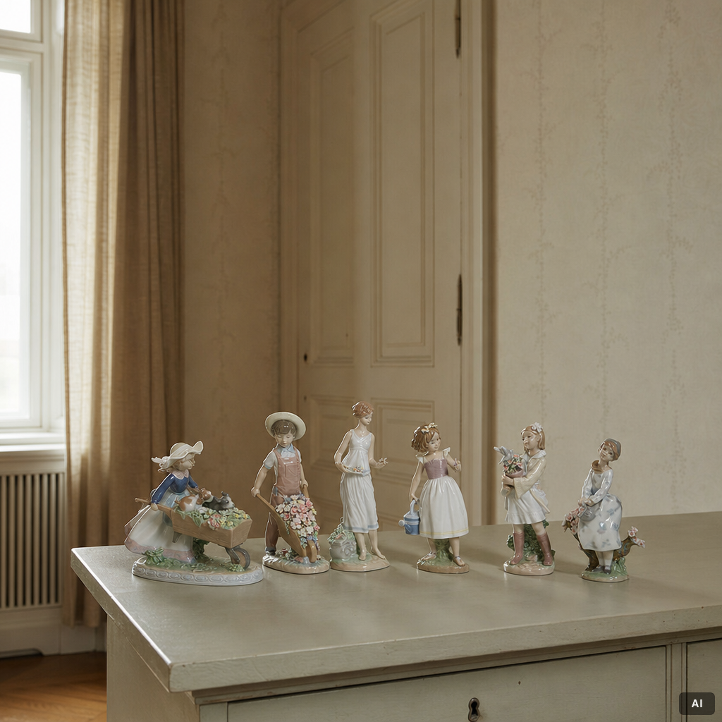 Lladró, 6 figurines, including "Wheelbarrow with flowers", "A barrow of fun", "A walk through blossoms", "Morning melodies".