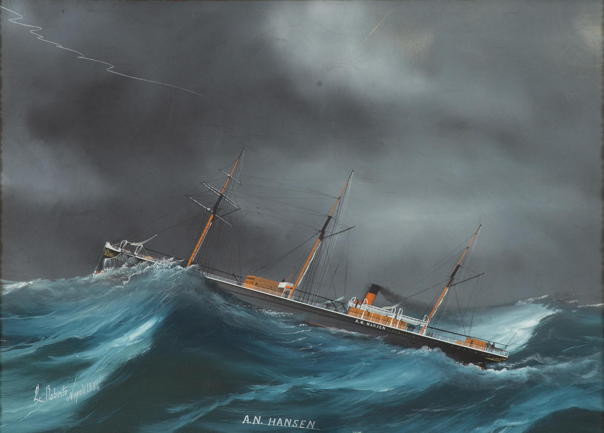 Luigi Roberto, "S/S A N Hansen" in a thunderstorm and heavy seas.