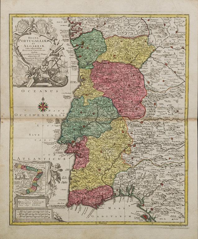 KARTA, kopparstick, Tobias Conrad Lotter "Regna Portugaliea et Algaribe" ur Atlas Novus 1770.