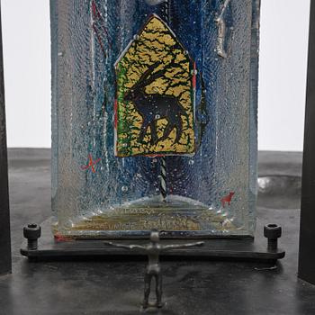 Bertil Vallien, a sand cast glass sculpture of a standing half-boat, Kosta Boda, Sweden.