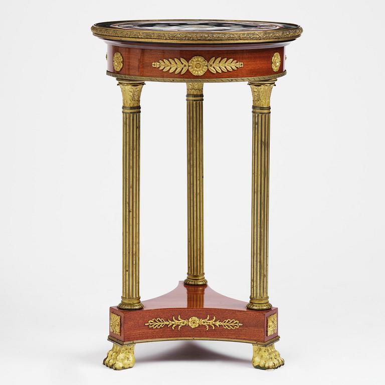 An Empire-style mahogany table with a pietre dure, micromosaic and specimen marble top, mid 19th century.