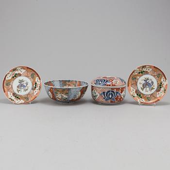 An imari bowl with cover, bowl, and a pair of dishes, Japan, Meiji (1868-1912).