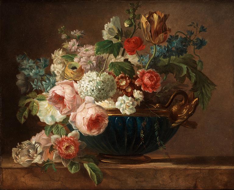 Pieter Faes Hans krets, Blomsterstilleben med rosor, primula, ranunkel, stockros, hortensia, olvon och tulpan.