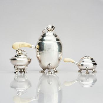 Georg Jensen, a three pieces coffee service in sterling silver, "Magnolia/Blossom", Copenhagen 1933-44.