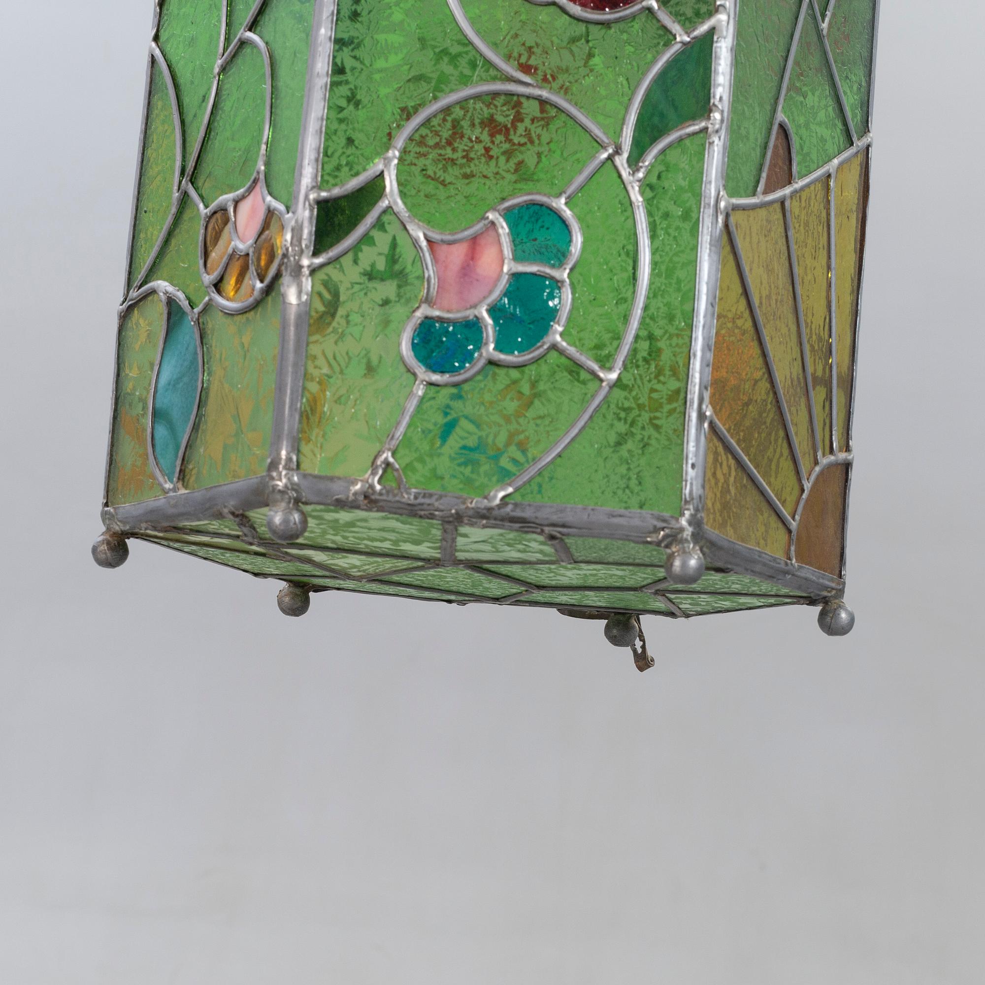 Lampa, koppar, blyinfattat glas, 1940-tal.