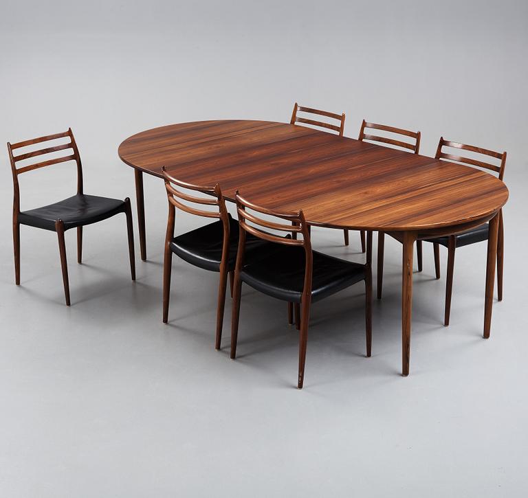 NIELS OLE MØLLER, matbord med sex stolar, modell 78, JL Møller, Danmark 1960-tal.