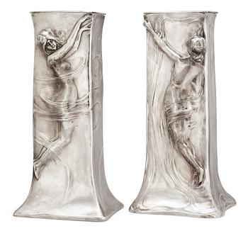 386. A pair of silver plated Art Noveau vases, probably Kayser-Sohn, marked Kayser.