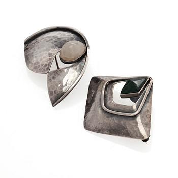 Brooches, 2 pcs, silver, moss agate, quartz, Tillander, 1962.