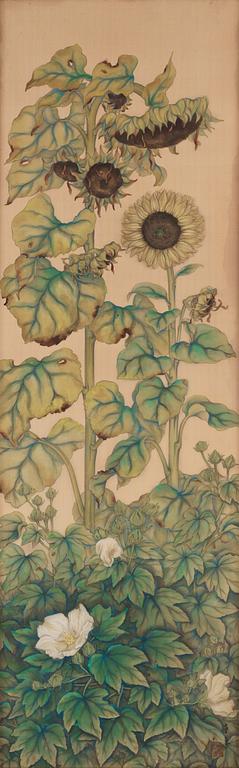 A Silk painting of sunflowers by unidentified artist, early 20th Century.