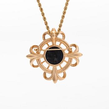 Kalevala Koru, a pendant/brooch with chain, "Lily", 14K gold and spectrolite. Helsinki 2002.
