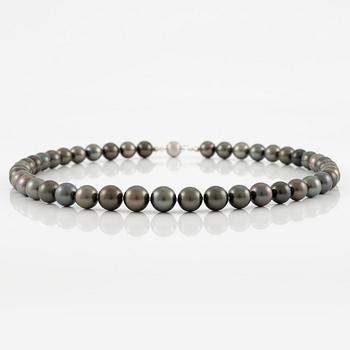 A necklace with cultured Tahitian pearls.