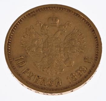 MYNT, guld, 10 rubel, Ryssland 1899. Vikt 7 gram.