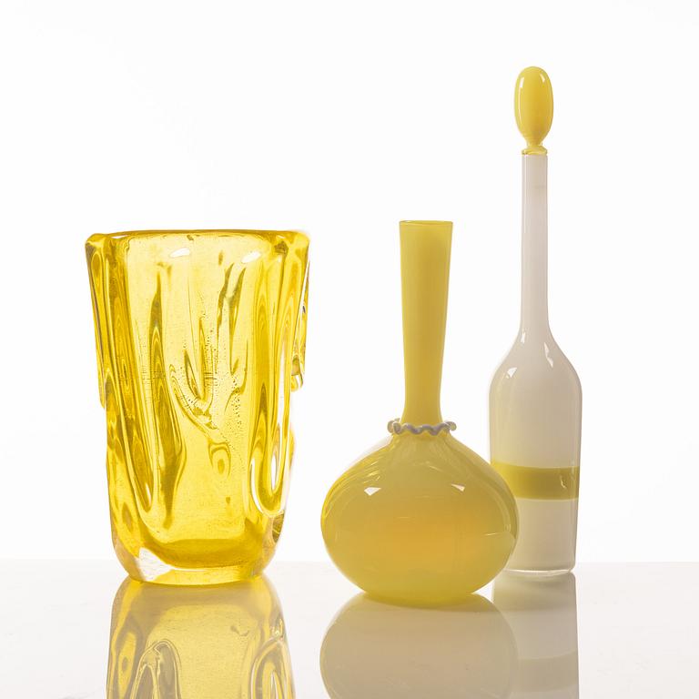 Two vases and bottle, glass, including, Venini, Murano, Italy.