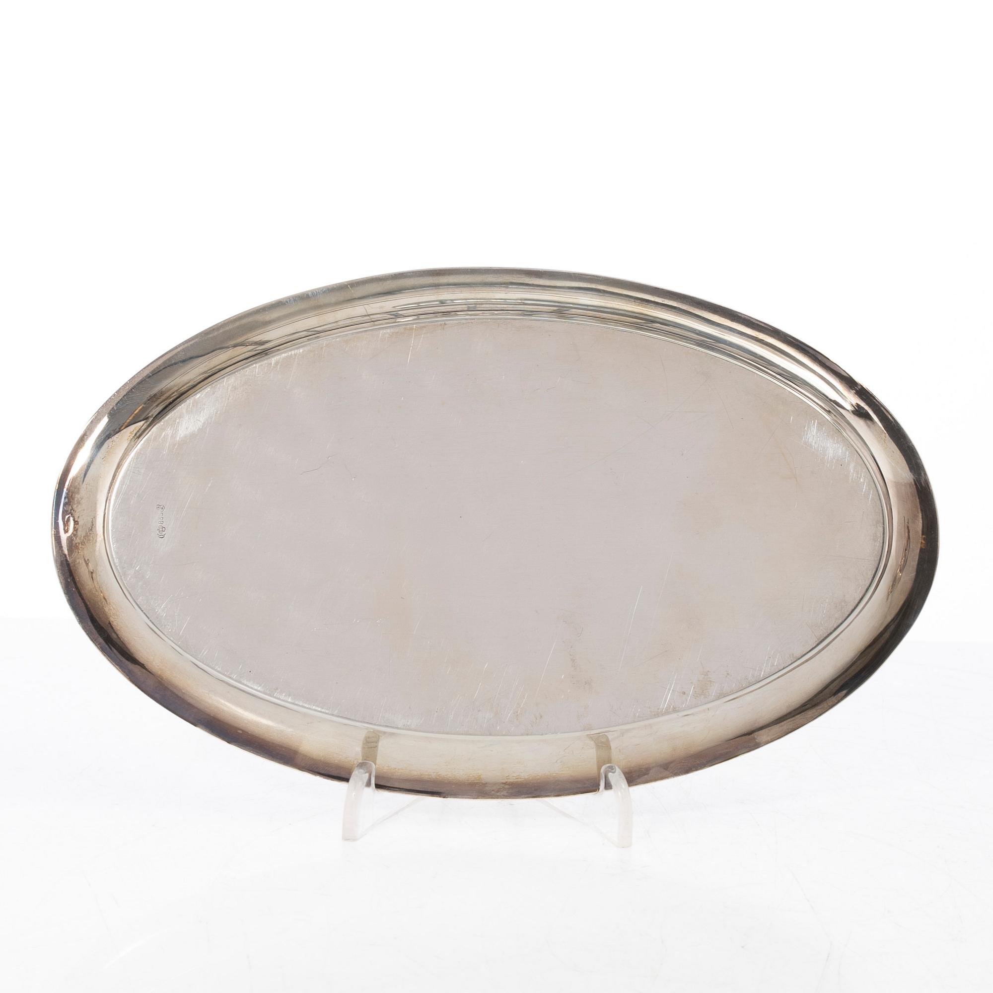 Mockakanna, sockerskål, gräddkanna samt bricka, silver, bl a Tyskland, med svenska importstämplar, 1900-tal.