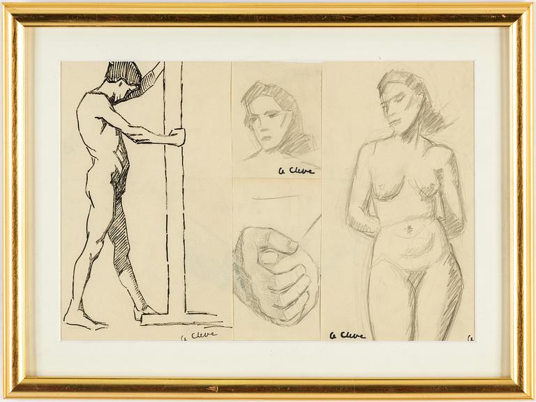 AGNES CLEVE, 4 st teckningar, samramade. Stämpelsignerade A. Cleve.