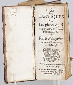 BOKPARTI, 5 delar, bla "Livre des Cantiques avec les piéces qui.." Stockholm 1700.
