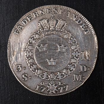 SILVERMYNT, 1 riksdaler, Gustav III, 1777, vikt ca 29g.