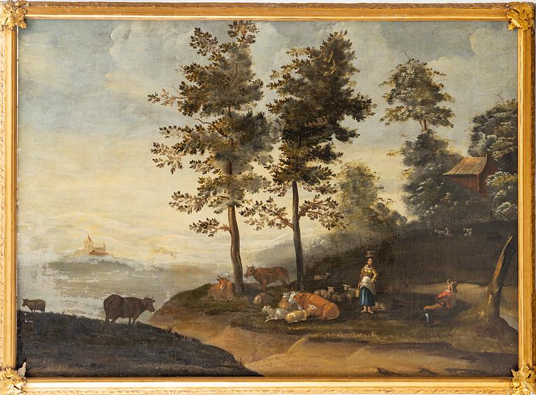 Aelbert Cuyp, follower of., Pastoral coastal landscape with figures and livestock.