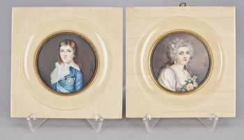 MINIATYRMÅLNINGAR, 2 st, gouache på papper, 1900-talets första hälft.