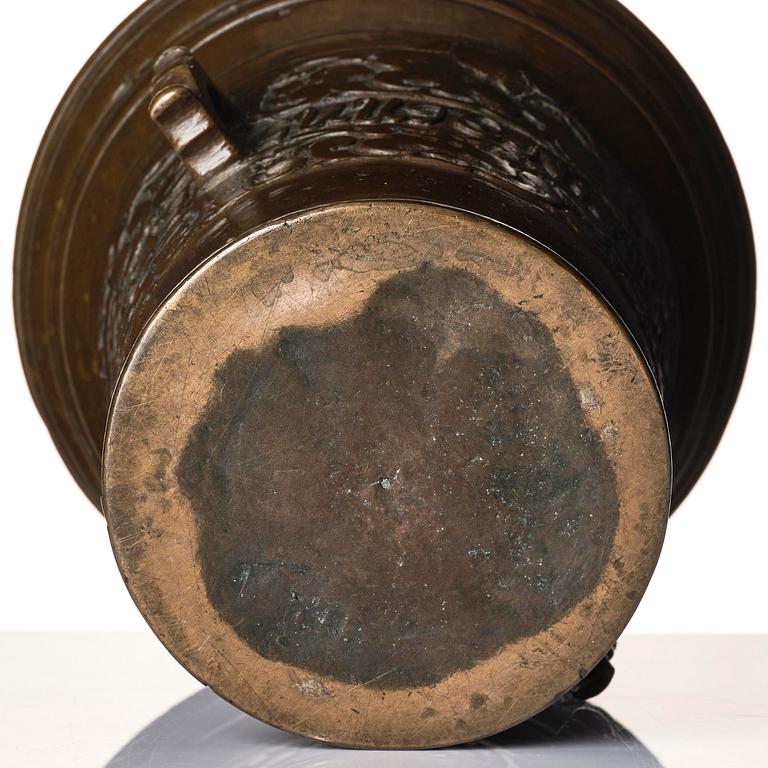 A Swedish late baroque bronze mortar and pestle, dated 1759.