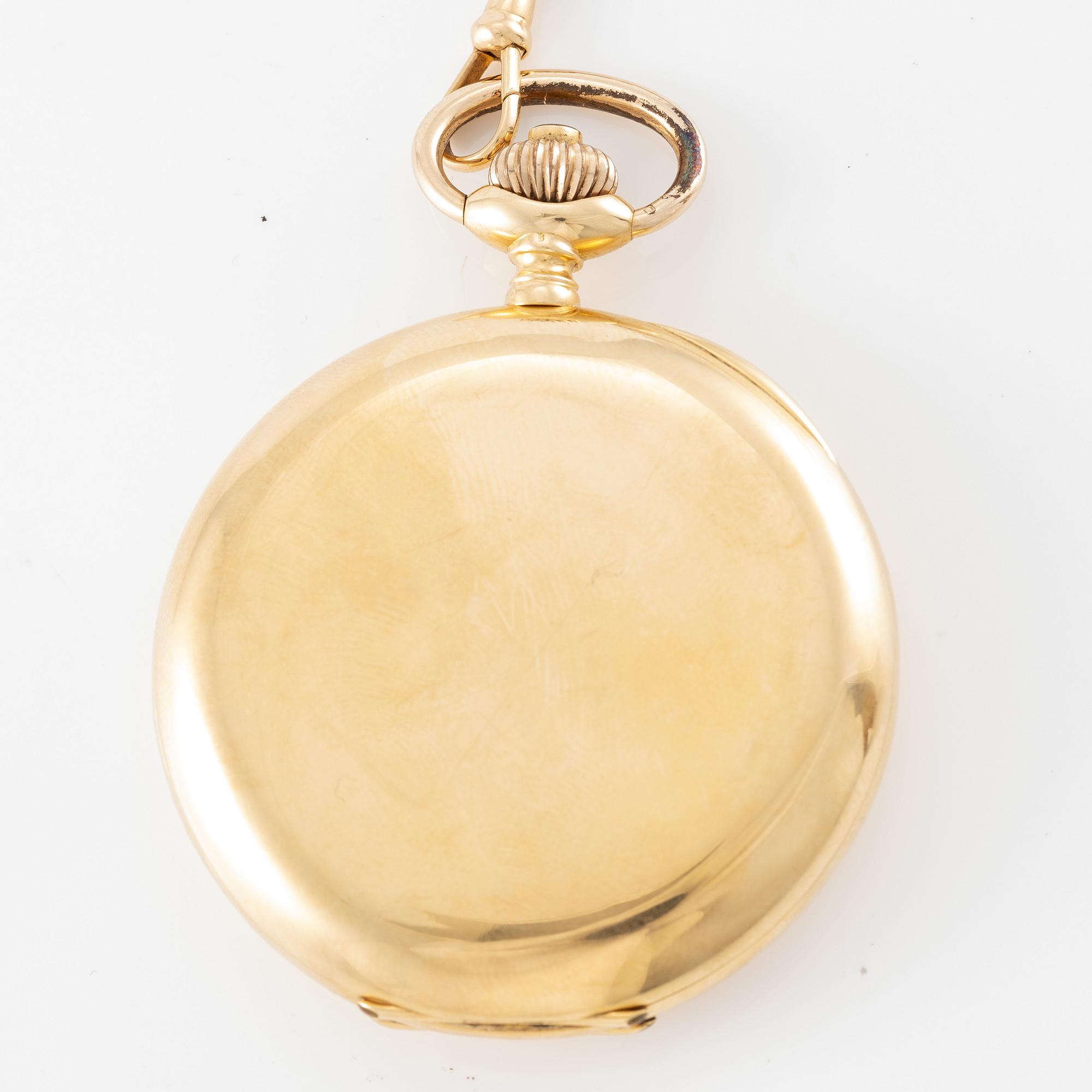 Longines, pocket watch, hunter, 18K gold with chain, 52 mm.