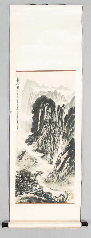 Wang Yanzhang, A scroll painting, ink and colour on paper signed.