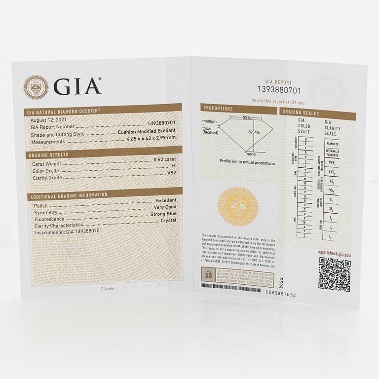 Loose cushion shaped diamond, 0,52 ct. With GIA dossier.