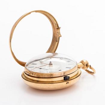 Taskukello, 52 mm, 18K kultaa, John Moncas, Liverpool, 1800-luvun ensimmäinen puolisko.