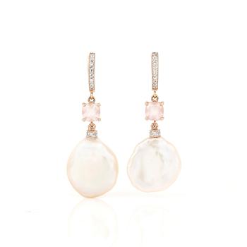 ÖRHÄNGEN, ett par, 14K rosa guld med sötvattenspärlor, rosa kvarts och små diamanter. Total vikt ca 6,27 g.